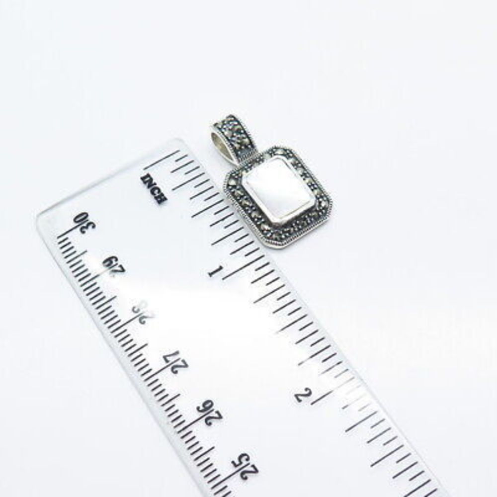 925 Sterling Silver Vintage Real Mother-of-Pearl & Marcasite Gemstone Pendant - Picture 3 of 6